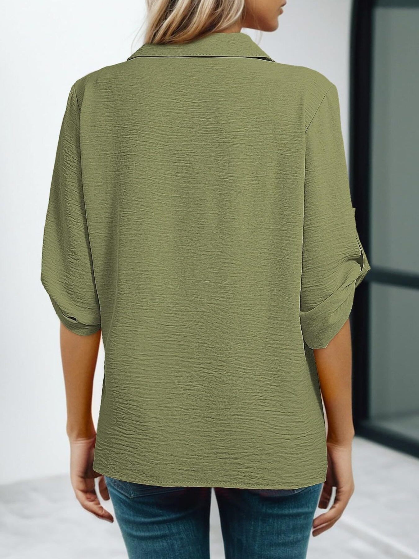 Women Johnny Collar Blouse with Cutout Details and Texture