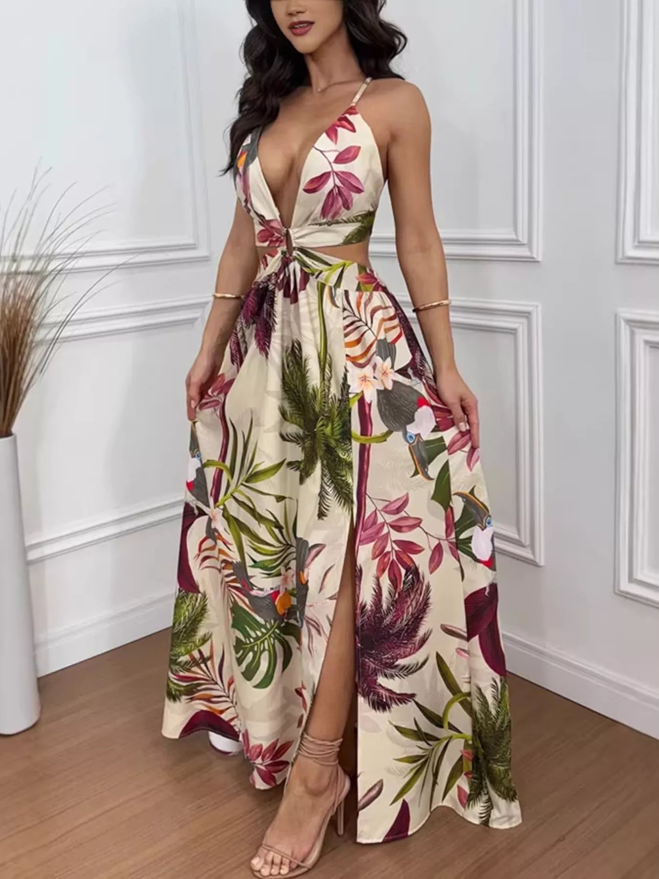 Tropical Print Cutout Maxi Dress with Front Slit