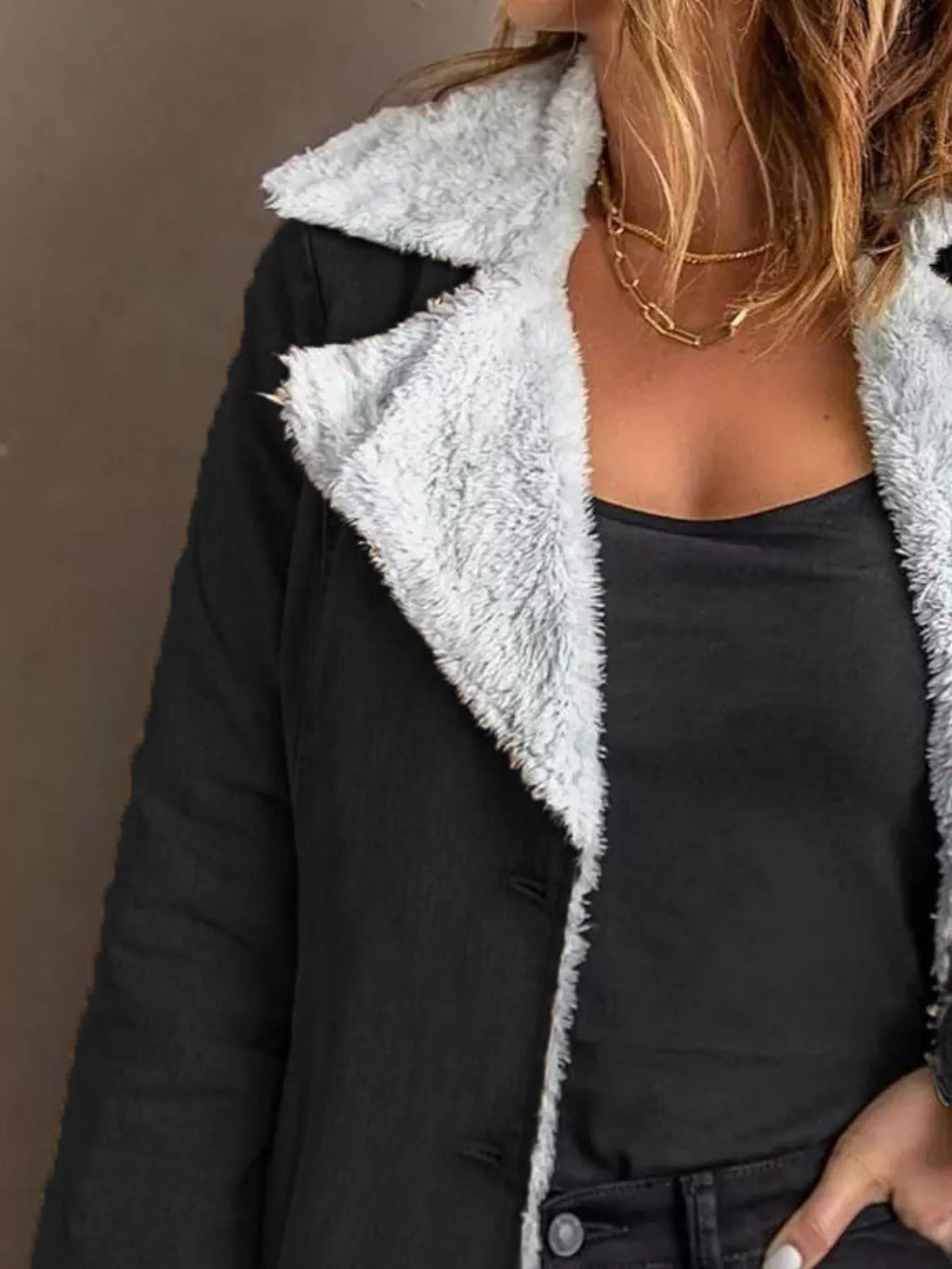Women's Grey Button Up Jacket with Soft Sherpa Lining