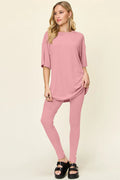 Women Two Piece T Shirt And Leggings Set With Dropped Shoulder Round Neck Full Size Comfortable Everyday Casual
