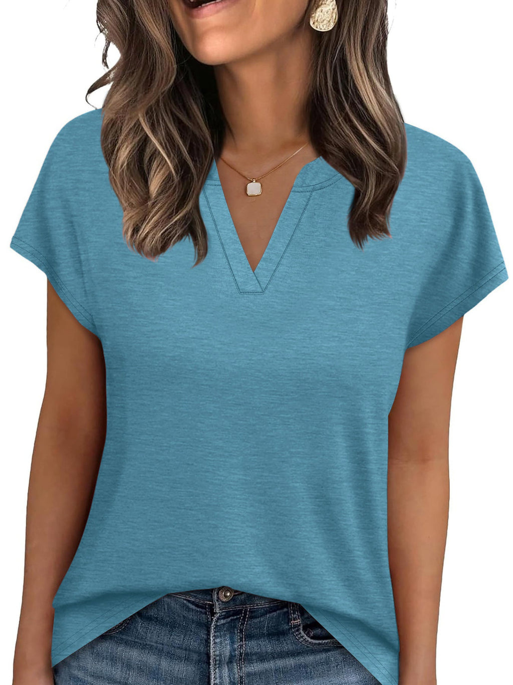 Women's Blue Notched Neck Short Sleeve Basic T-Shirt