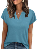 Women's Blue Notched Neck Short Sleeve Basic T-Shirt