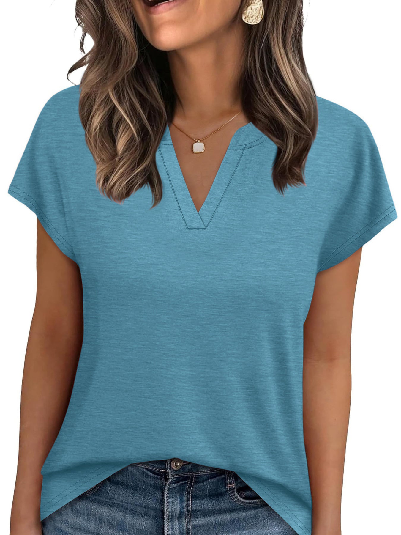 Women's Blue Notched Neck Short Sleeve Basic T-Shirt