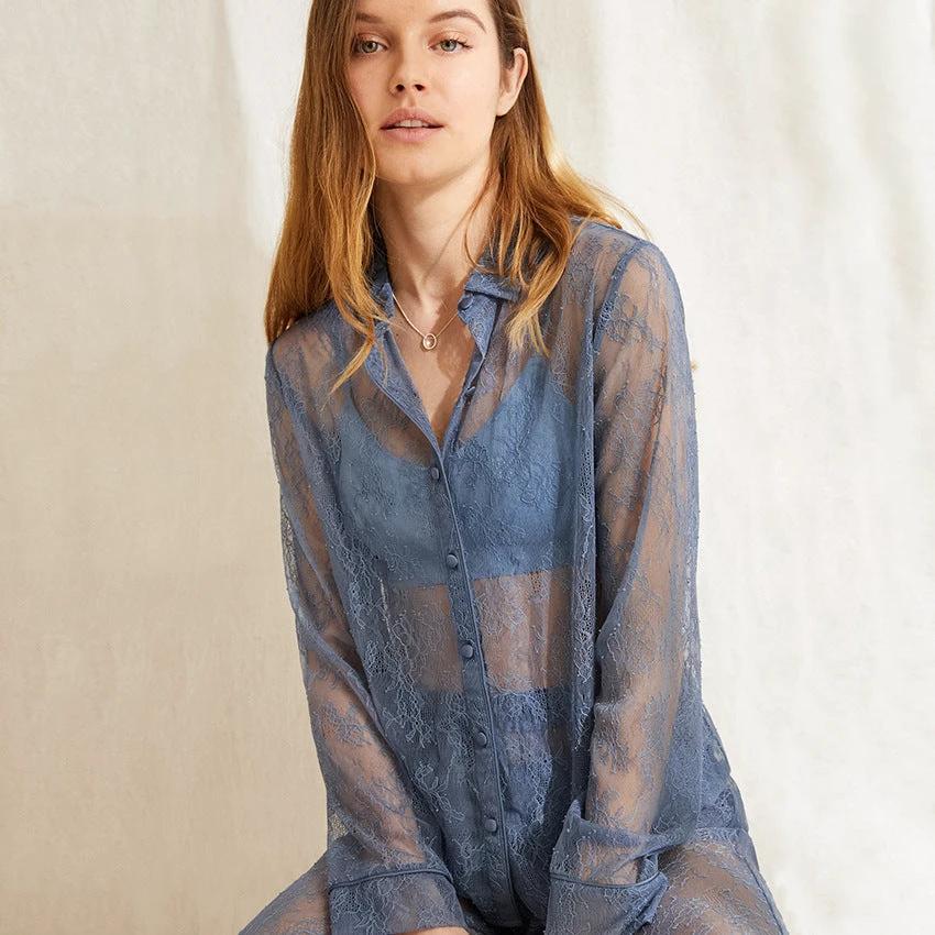 European And American Lace See-through Dress Long-sleeved Lapel Sexy Sexy Net Gauze Pajamas Women