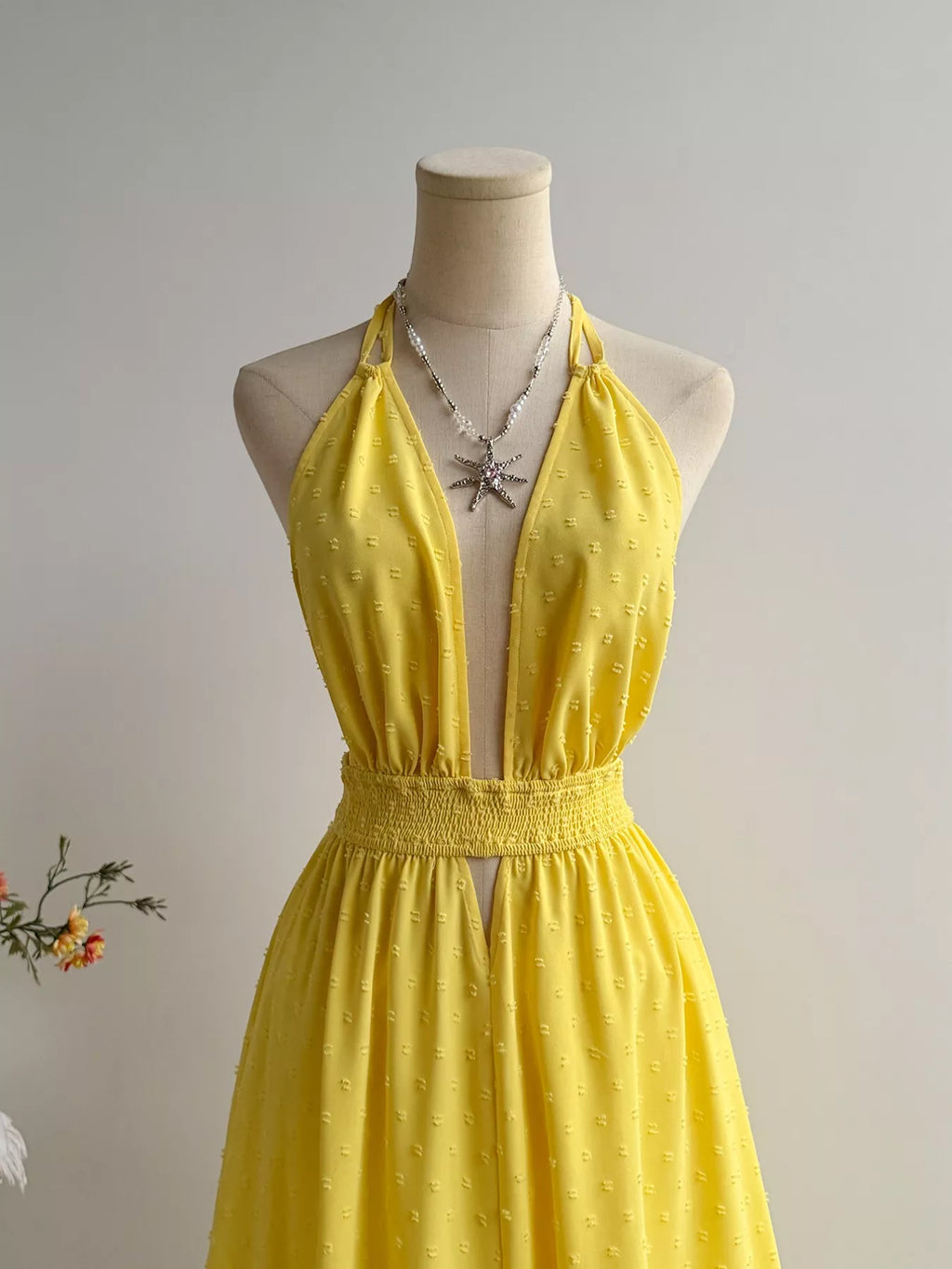 Yellow Swiss Dot Halter Neck Smocked Backless Maxi Dress