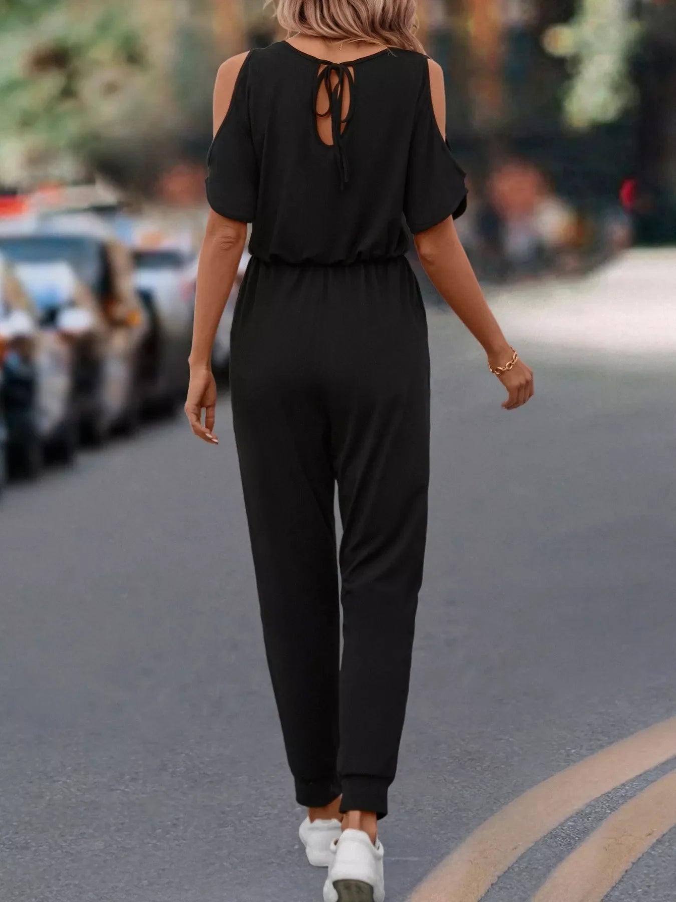 Women's Cold Shoulder V-Neck Jumpsuit – Pocketed Stretch Fit