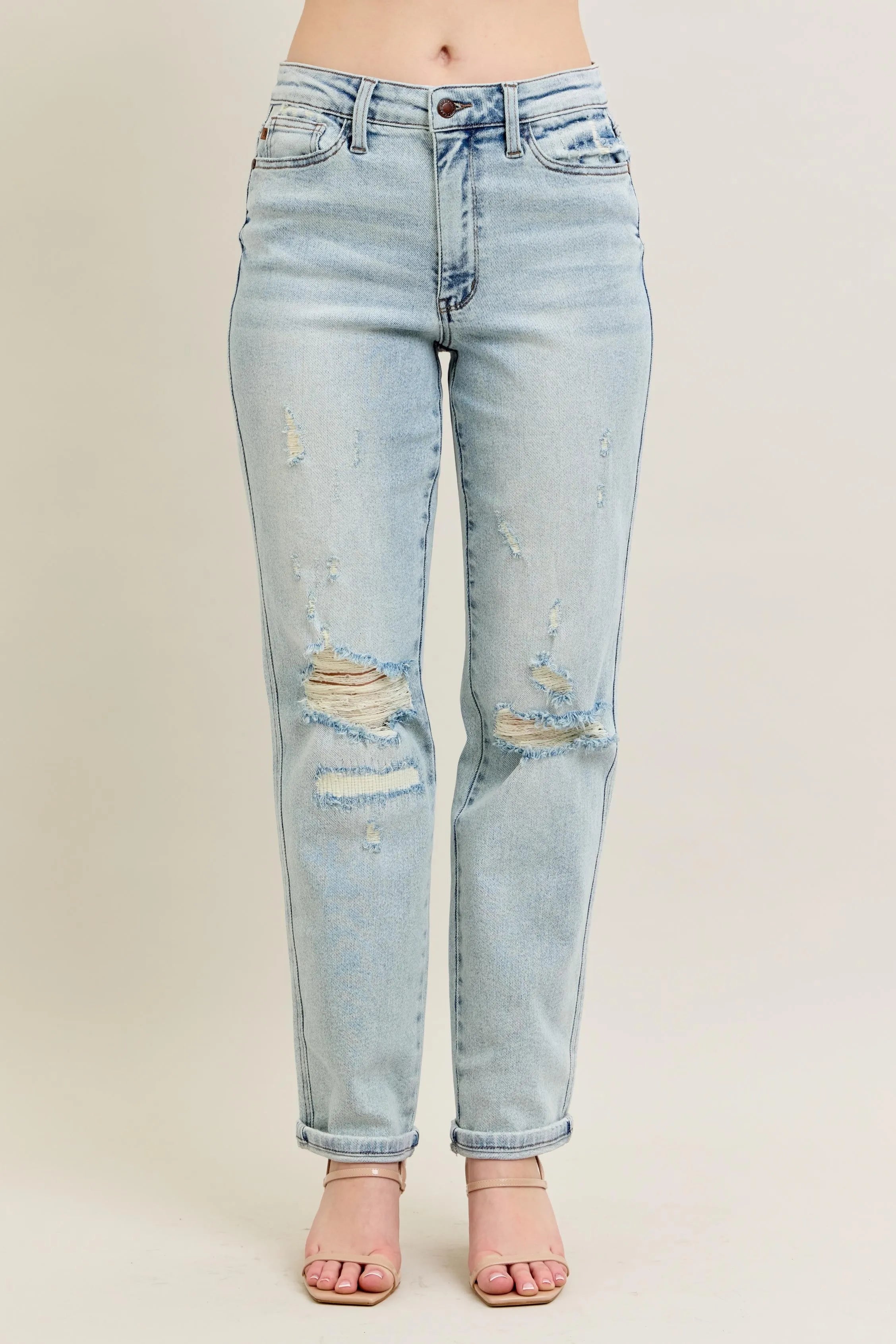 Judy Blue Full Size Mr Repair Stitch Detail Destroy Single Cuff Bf Jeans Plus Size