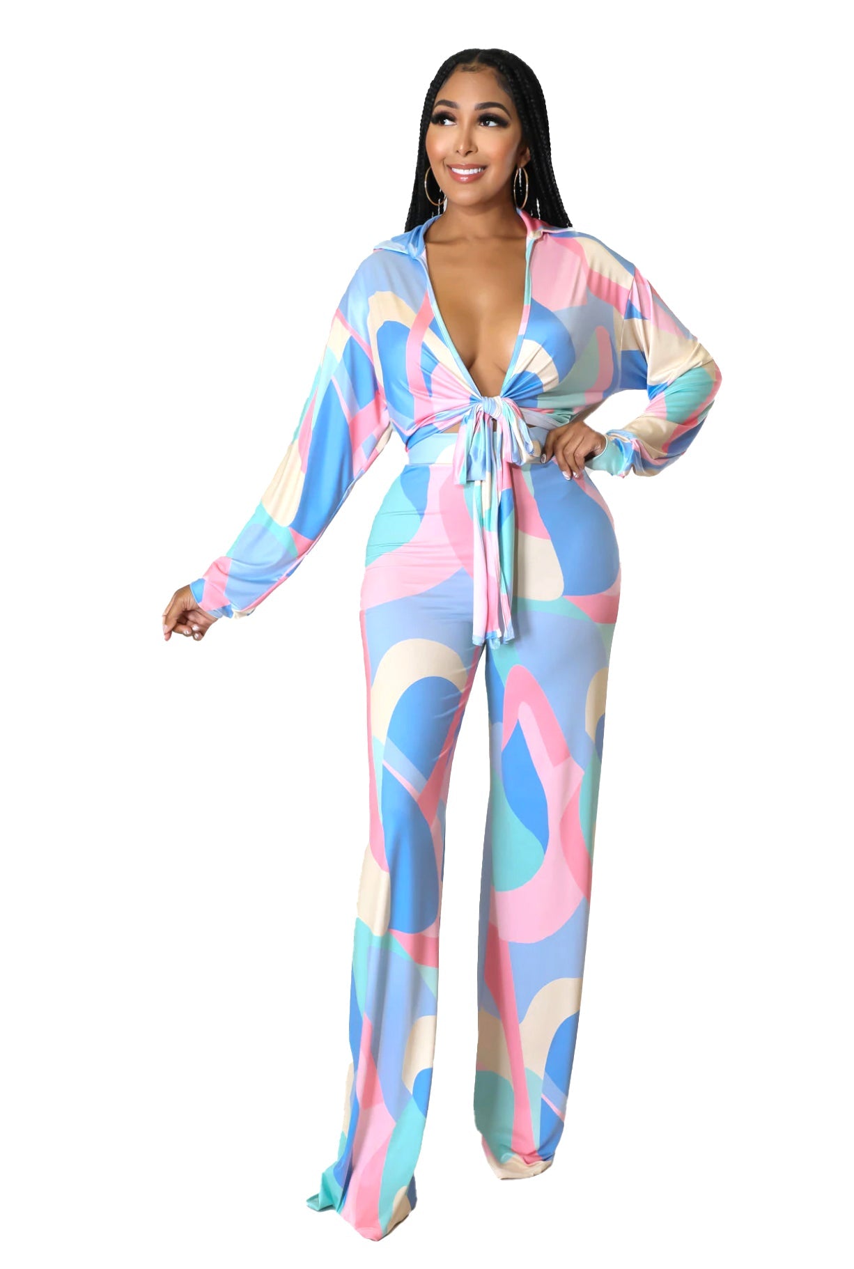 Two Piece Set: Blue/Pink/White  Palazzo Pants {Tall Girl Friendly}