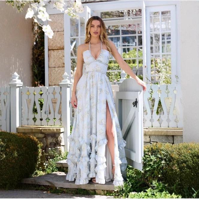 Floral Printed Expansion Ruffle Dress Front Split