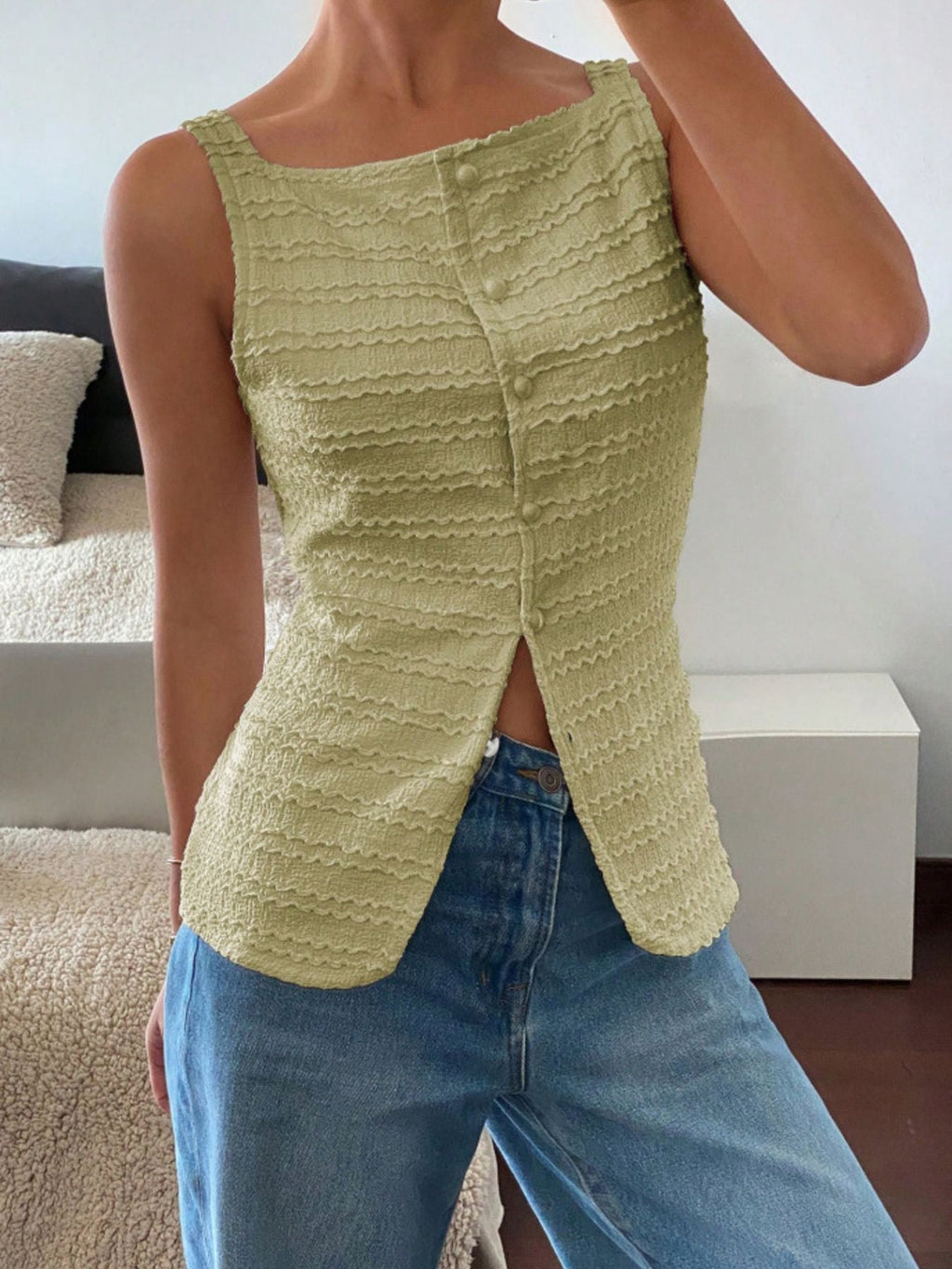 Women's Textured Button-Front Knit Tank Top