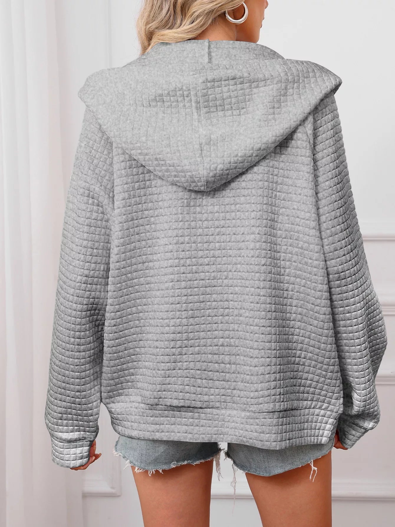 White Quilted Zip-Up Hooded Jacket with Drawstring