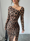 New Women's irregular V-Neck Long Sleeve Sexy Leopard Print Dress