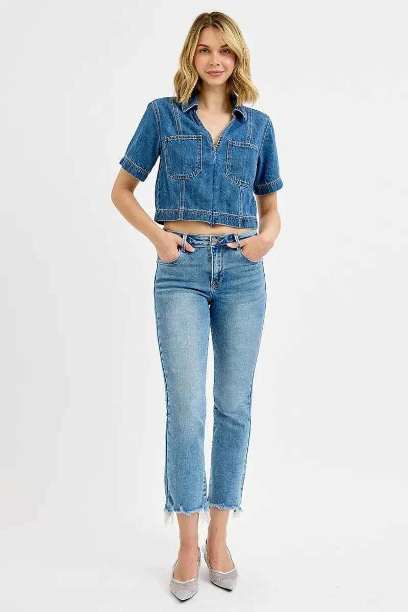 RISEN High Rise Crop Straight Slim Jeans | Full & Plus Size