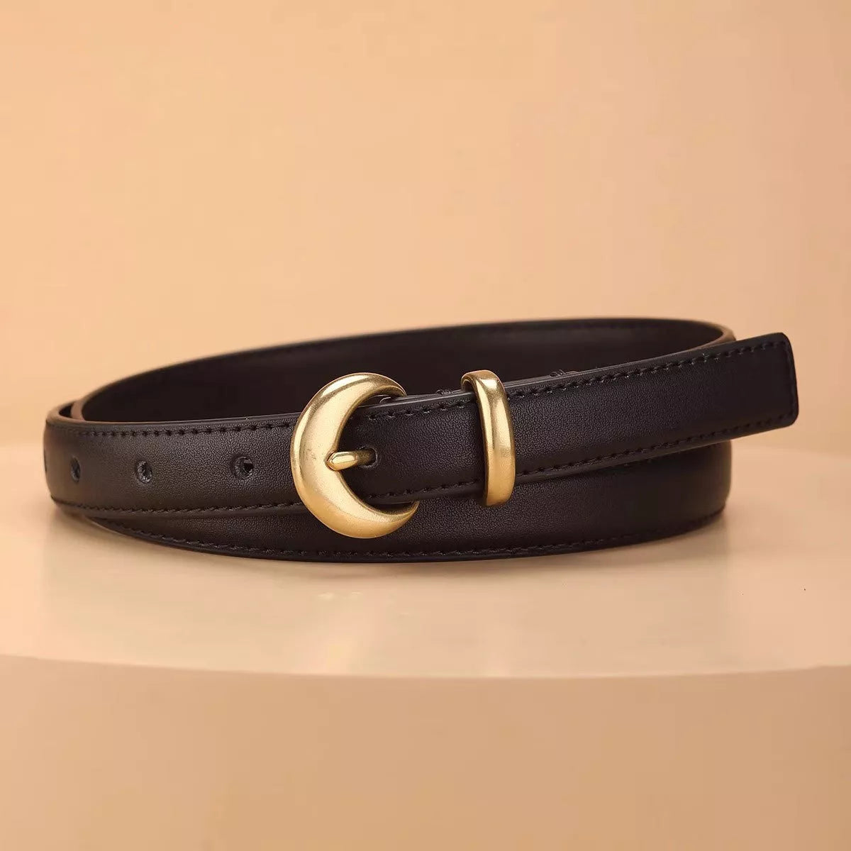 Women's Leather Belt with Crescent Moon Gold Buckle