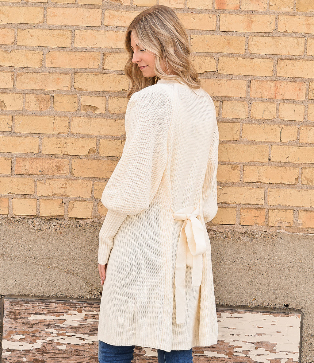 Solid Color Open Front Cardigan with Tie - Apricot