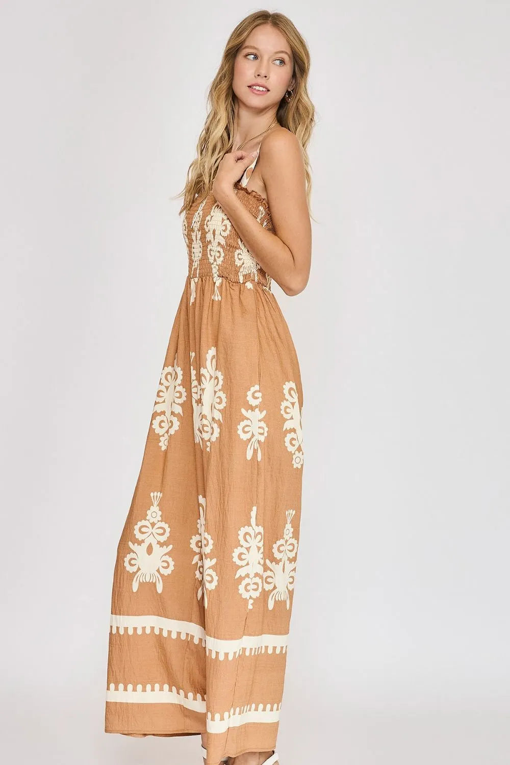 Umgee Full Size Smocked Printed Wide Leg Jumpsuit Plus Size