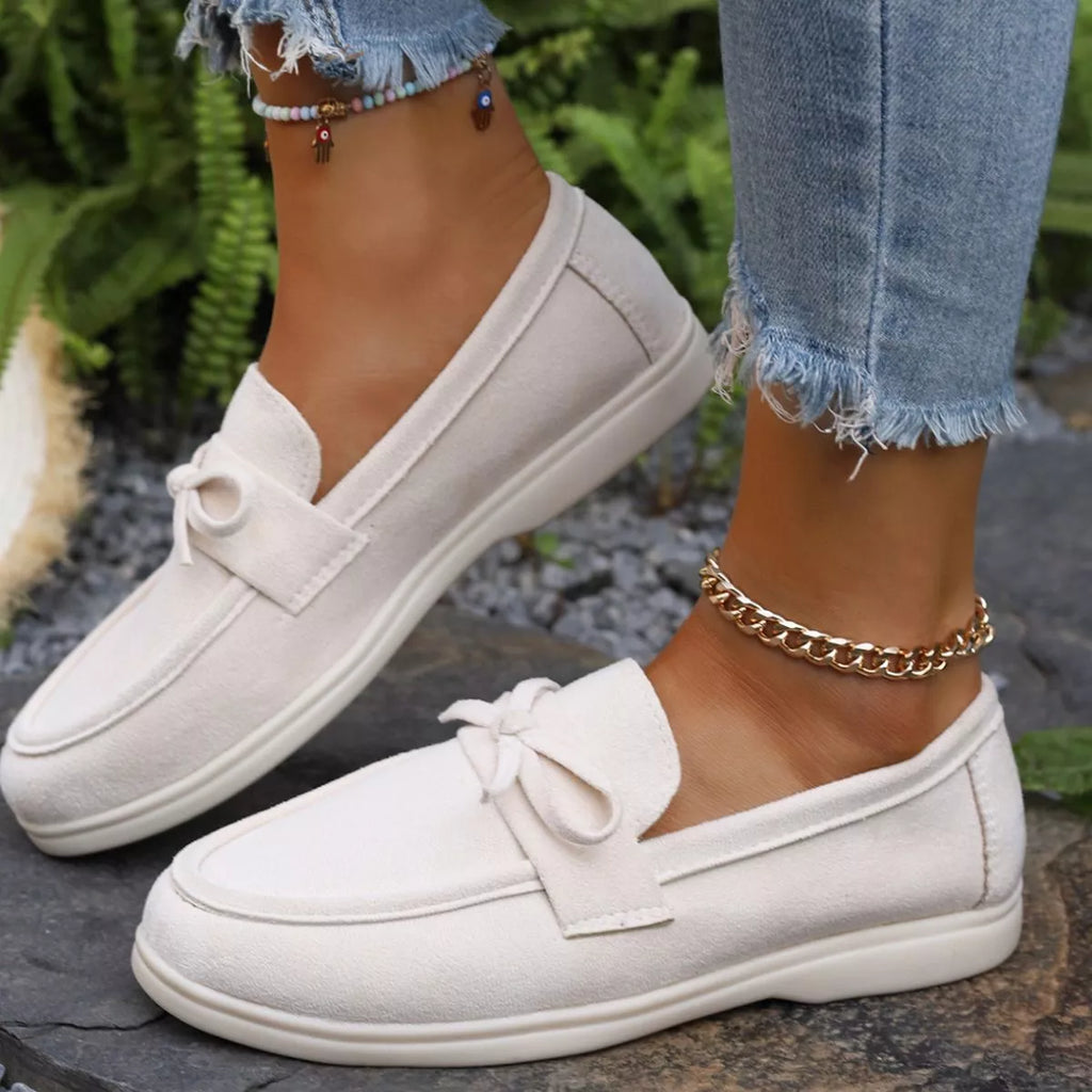 Women's Gray Suede Bow Slip-On Flats Round Toe Casual Shoes