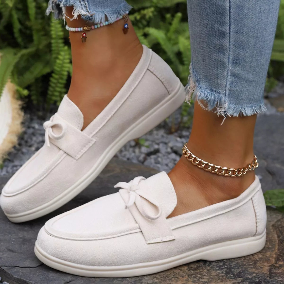 Women's Gray Suede Bow Slip-On Flats Round Toe Casual Shoes
