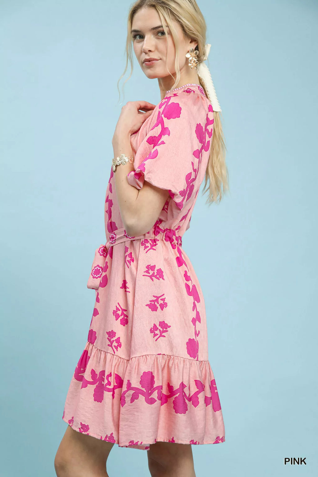 Women's Floral Boho Mini Dress with Tie-Waist