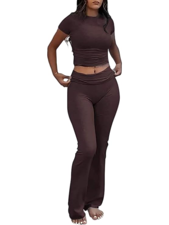 AYWA Women's 2 Piece Lounge Sets Short Sleeve Crop Top Foldover Flare Pants Casual Pajama Outfits