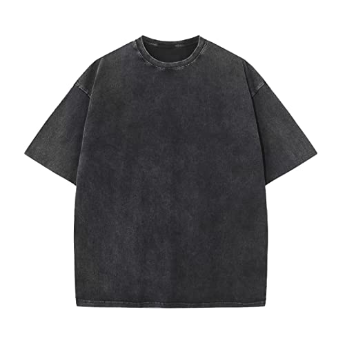 Men's Cotton T-Shirts Oversized Unisex Short Sleeves Casual Loose Wash Solid Basic Tee Tops