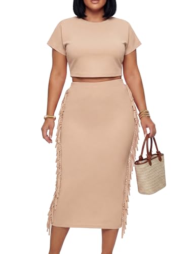 LYANER Women's 2 Piece Outfits Crew Neck Fringe Short Sleeve Crop Top and Tassel Trim Bodycon Midi Skirt Set