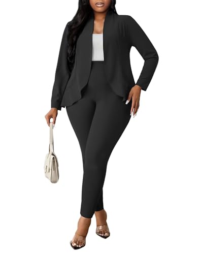 Aro Lora Womens Plus Size 2 Piece Outfits Pantsuits Long Sleeve Ruffle Irregular Hem Open Front Blazer Pant Set