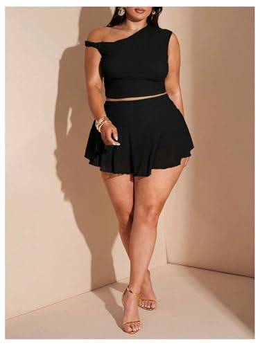 SweatyRocks Women's Plus Size 2 Piece Outfits Off The Shoulder Crop Mesh Top and Ruffle Skirt Sets