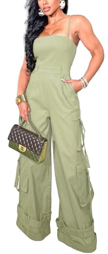 BOKITECAO Womens Cargo Jumpsuit Sexy One Piece Outfit Wide Leg Romper Multi Pockets Overalls