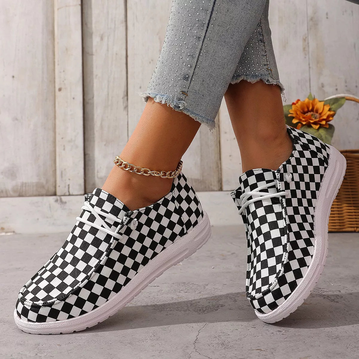 Women's Casual Checkerboard Canvas Slip-On Sneakers