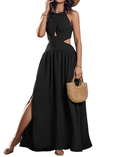 CHICME Women's Sleeveless Halter Neck Dress Criss Cross Tie Back Split High Maxi Dress