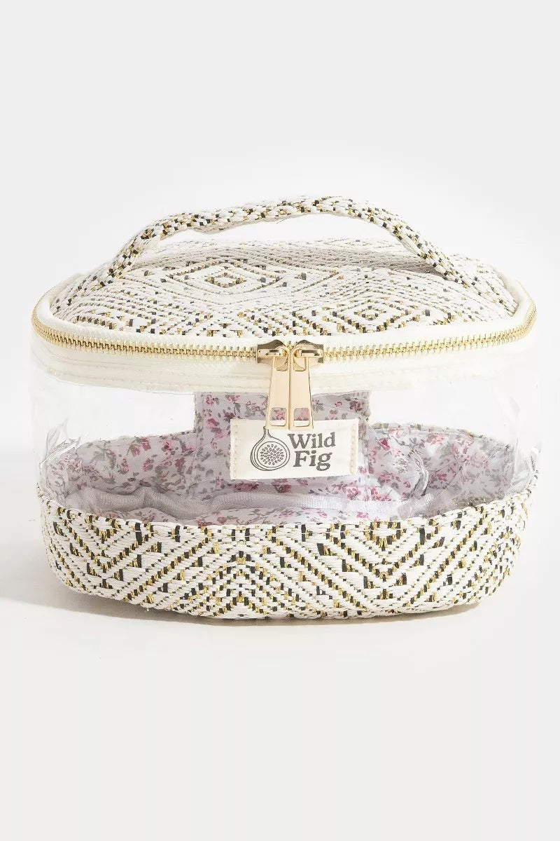 Woven Clear Cosmetic Case with Gold Accents and Floral Interior