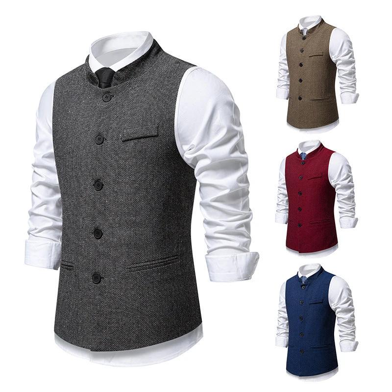 Men's Retro Stand Collar Herringbone Solid Color Suit Vest