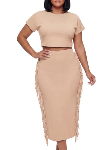 LYANER Women's 2 Piece Outfits Crew Neck Fringe Short Sleeve Crop Top and Tassel Trim Bodycon Midi Skirt Set