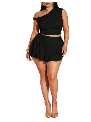 SweatyRocks Women's Plus Size 2 Piece Outfits Off The Shoulder Crop Mesh Top and Ruffle Skirt Sets