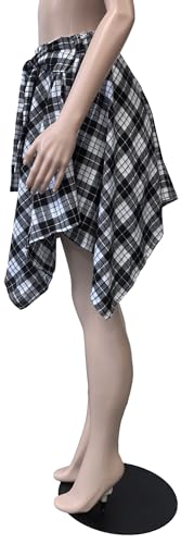 YBSKG Womens Plaid Skirts Elastic High Waist Tie Front Asymmetrical Hem Pleated Mini Skirt