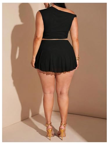 SweatyRocks Women's Plus Size 2 Piece Outfits Off The Shoulder Crop Mesh Top and Ruffle Skirt Sets