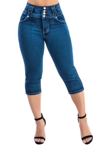 Moda Xpress Women's Juniors Ultra High Waist Butt Lifting Stretch Denim Capris Push Up Sculpting Body Shaping Comfortable Fit