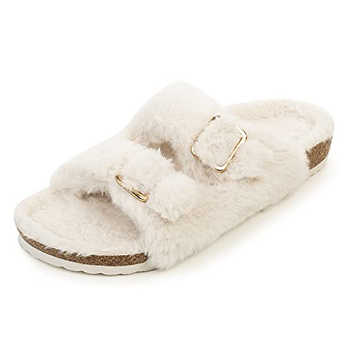 FITORY Womens Open Toe Slipper with Cozy Lining,Faux Rabbit Fur Cork Slide Sandals Size 6-11