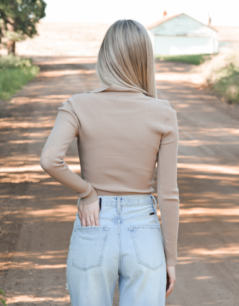 Collared V Neck Sweater Top - Taupe