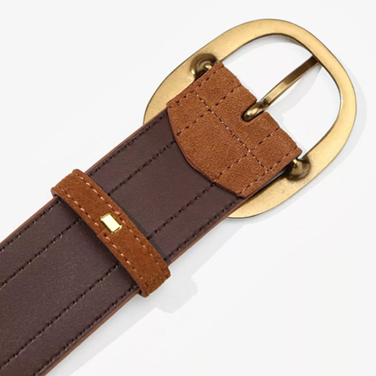Wide Tan Suede Leather Belt with Gold Tone Oval Buckle