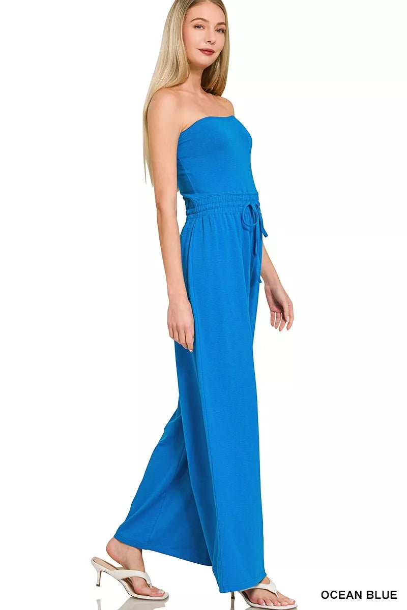 Ocean Blue Tube Top Jumpsuit with Drawstring Waist