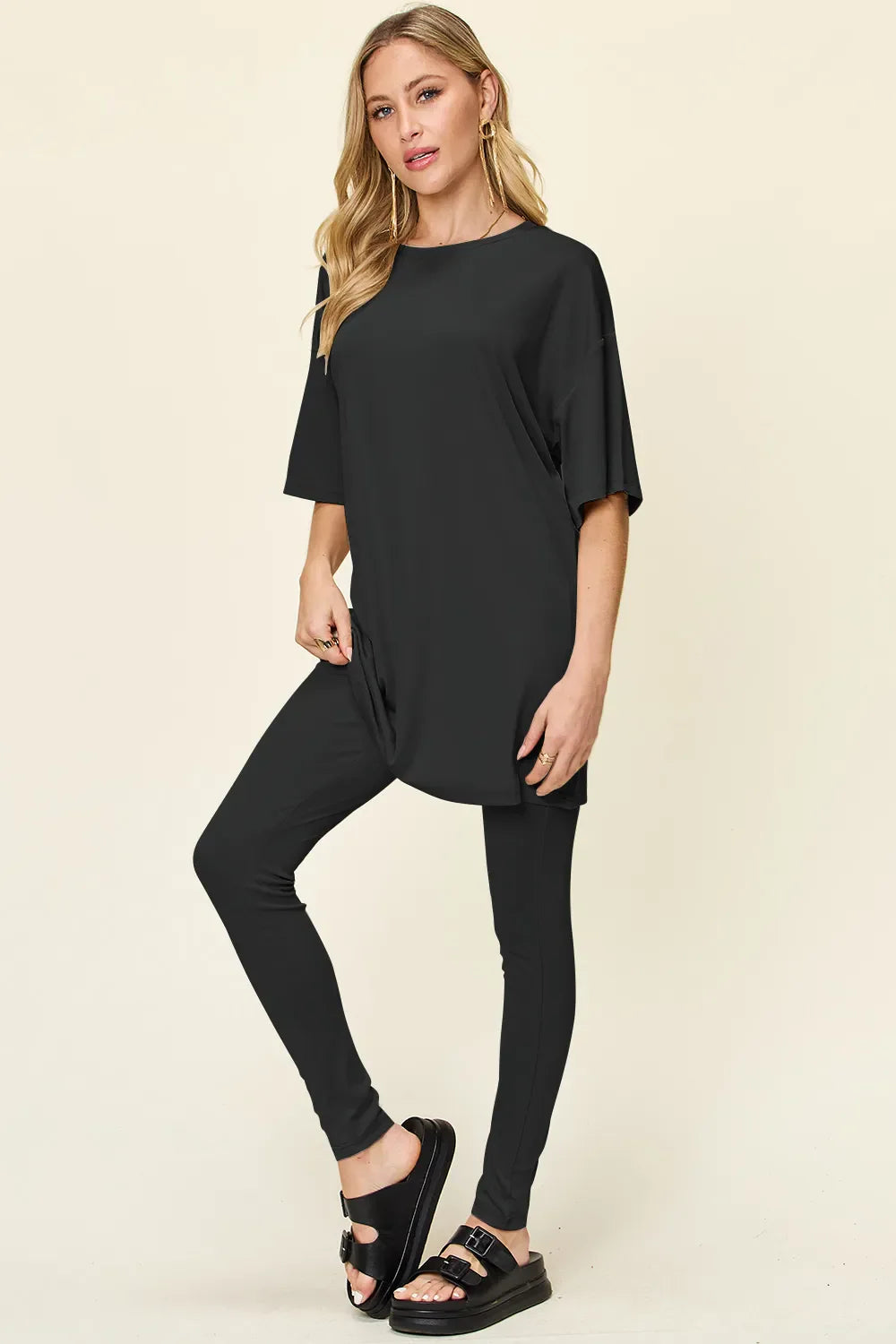 Women Two Piece T Shirt And Leggings Set With Dropped Shoulder Round Neck Full Size Comfortable Everyday Casual