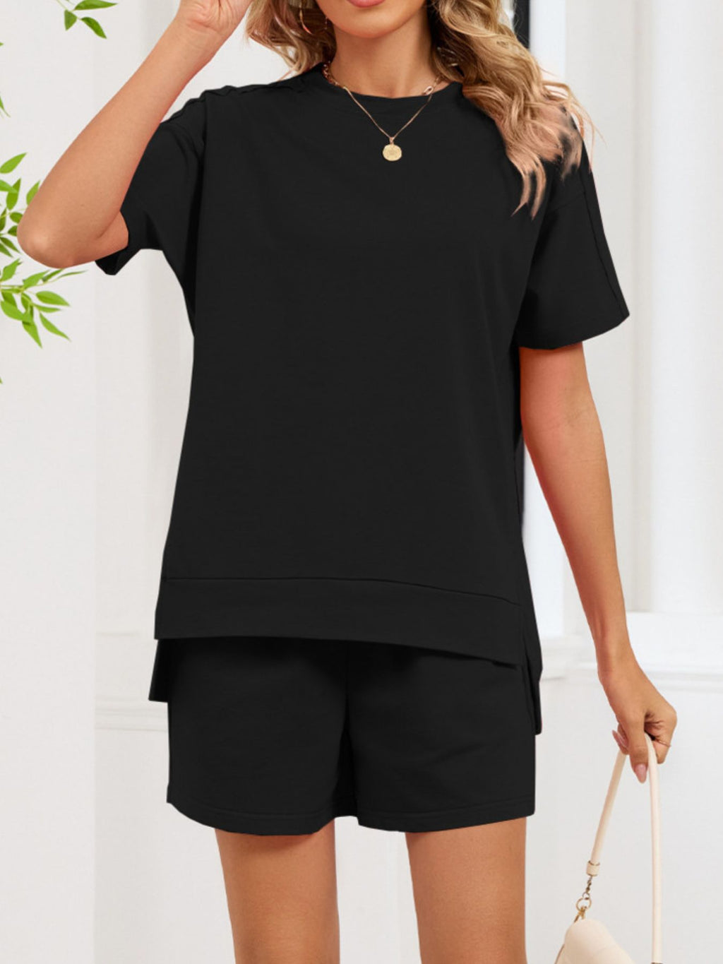 Women's Round Neck Short Sleeve T-Shirt and Shorts Lounge Set