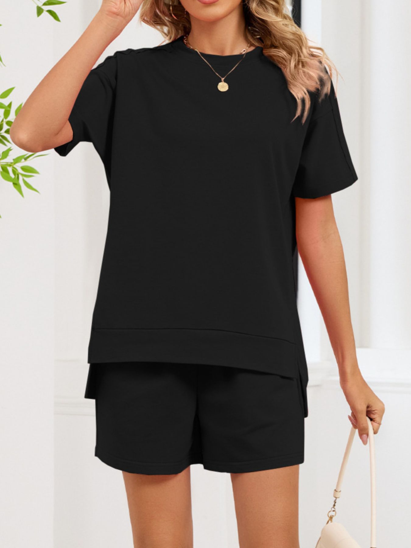 Women's Round Neck Short Sleeve T-Shirt and Shorts Lounge Set