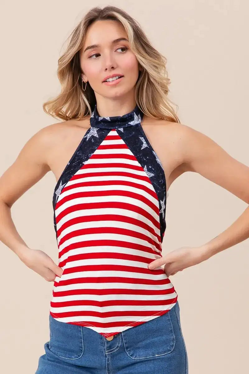 BiBi Stripe & Star Halter Neck Tank Top with Tie Back