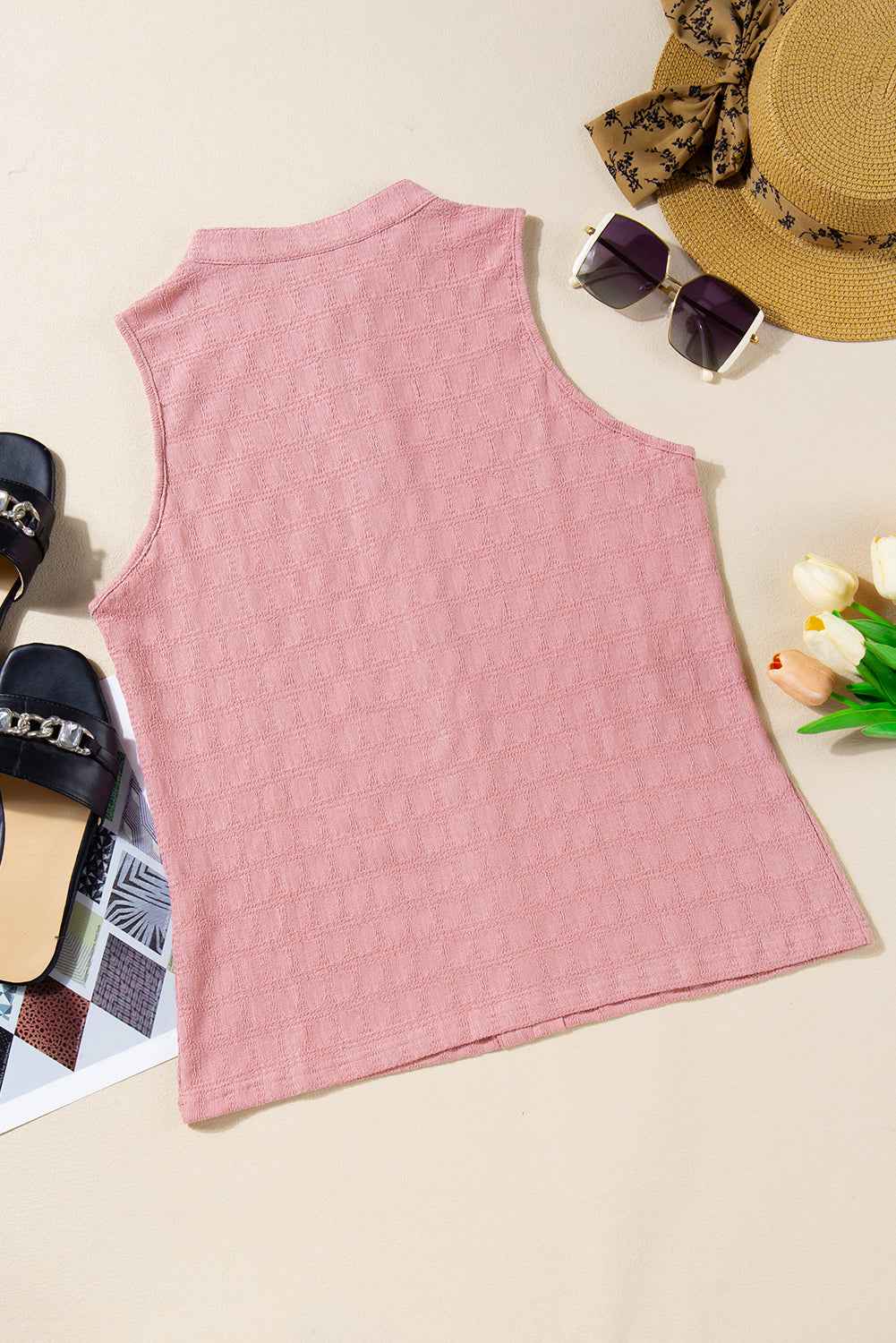 Sleeveless Top - Textured Split V Neck Women's Blouse