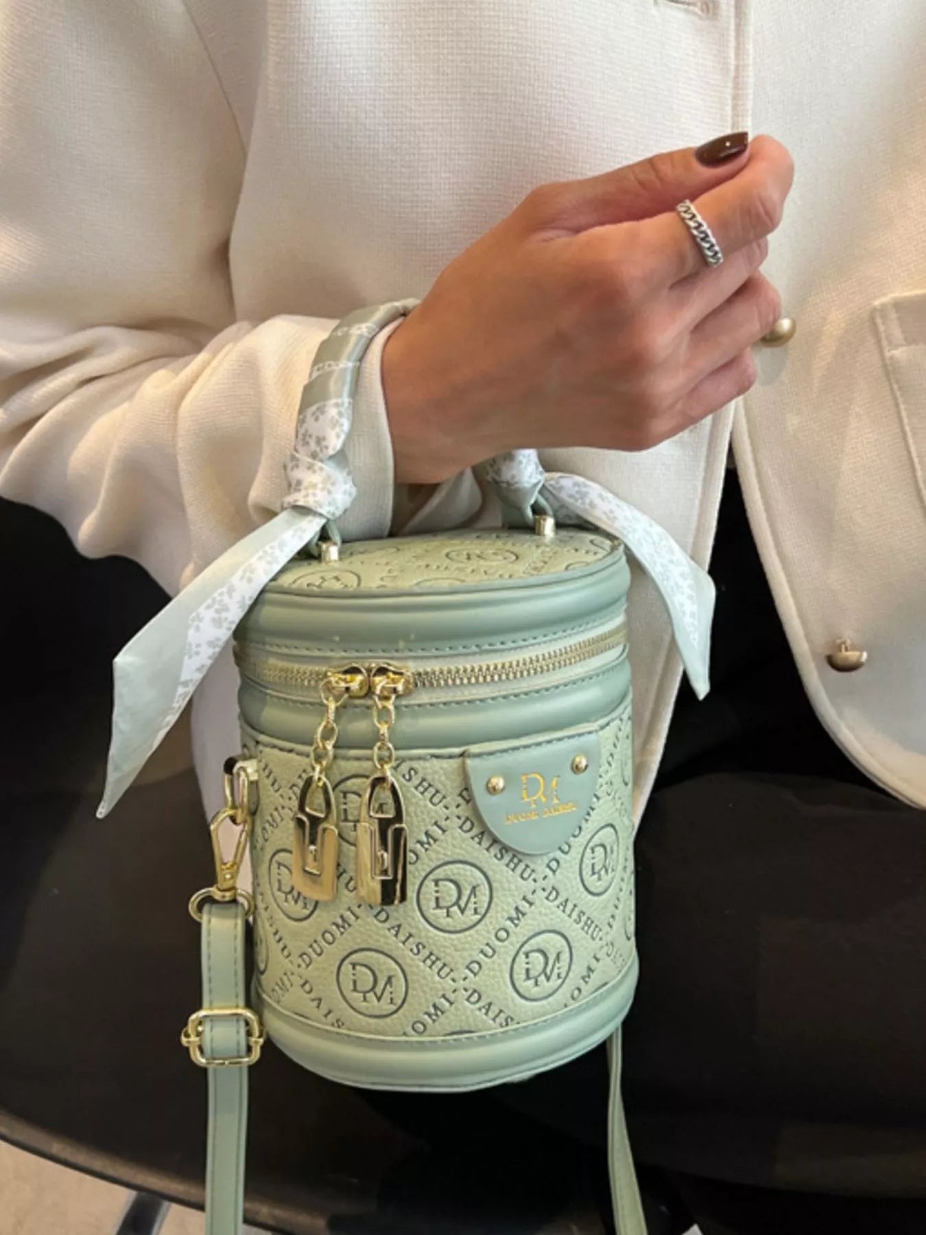 Sage Green Small Bucket Bag with Crossbody Strap and Silk Scarf