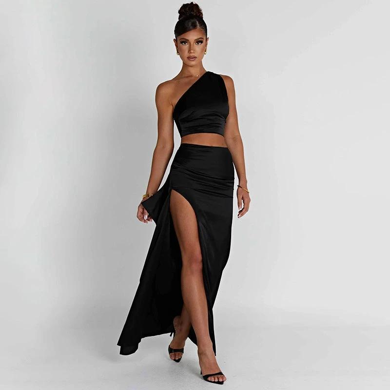 One-shoulder Satin Short Top High Waist Split Maxi Skirt