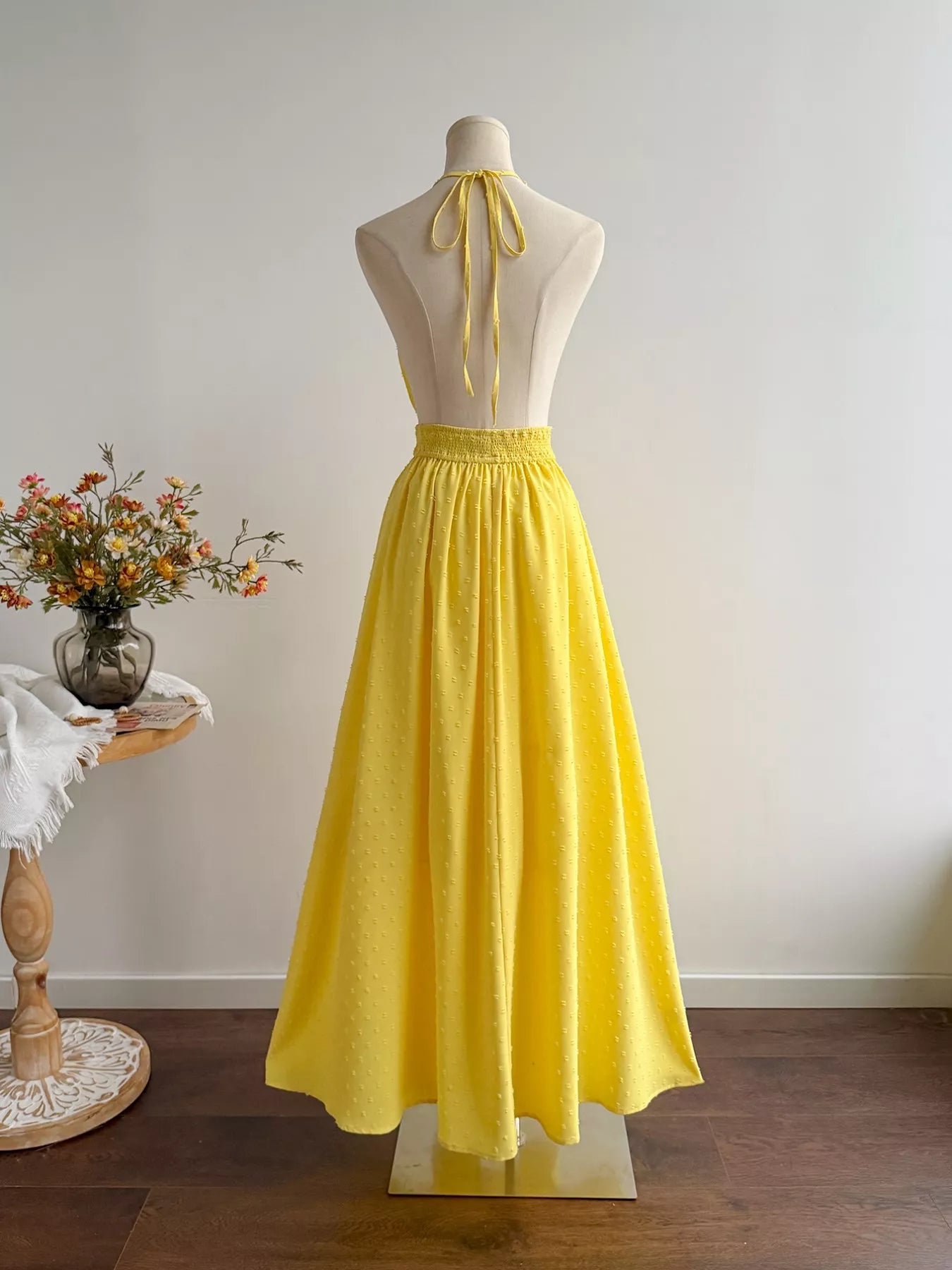 Yellow Swiss Dot Halter Neck Smocked Backless Maxi Dress